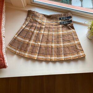 No Boundaries Brown Plaid Mini Skirt with Buckle Details